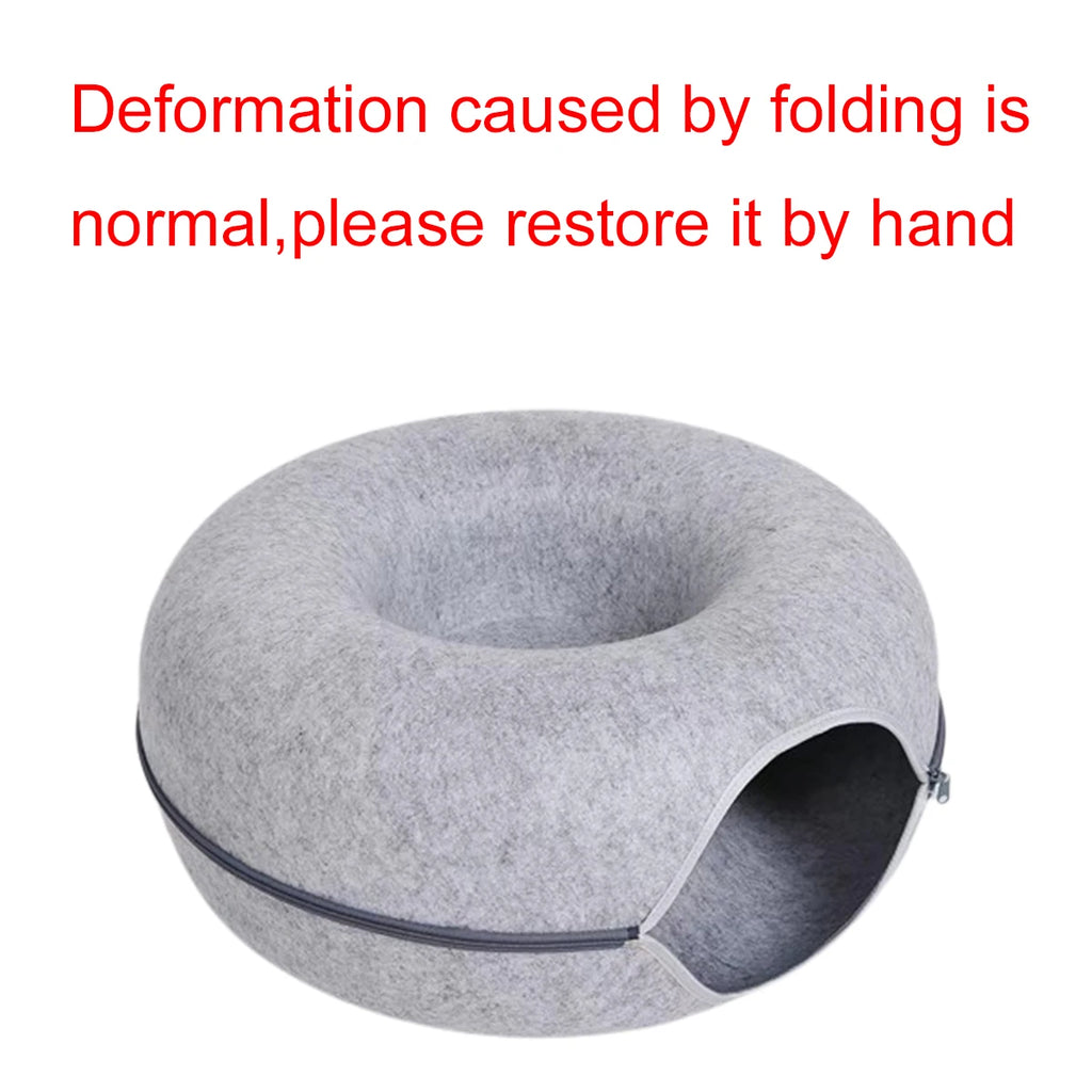 2-in-1 Donut Cat Bed & Tunnel – Cozy Felt Hideaway and Interactive Play Bed