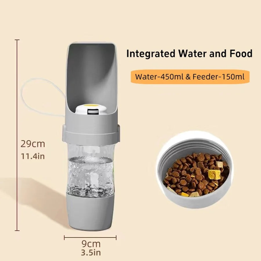Portable Pet Water Bottle with Food Storage – Travel Feeder for Dogs & Cats