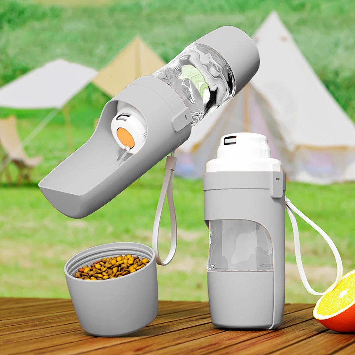 Portable Pet Water Bottle with Food Storage – Travel Feeder for Dogs & Cats