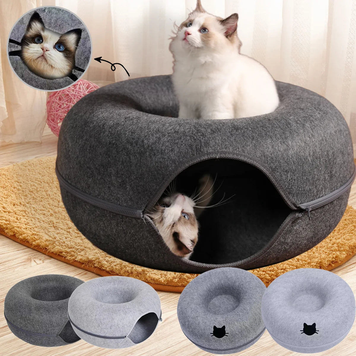 2-in-1 Donut Cat Bed & Tunnel – Cozy Felt Hideaway and Interactive Play Bed