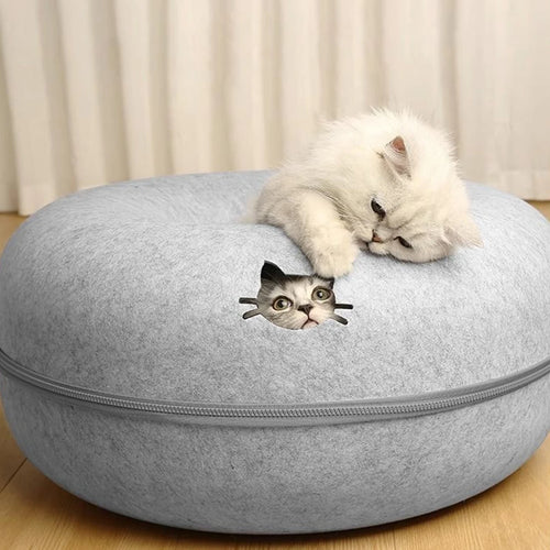 2-in-1 Donut Cat Bed & Tunnel – Cozy Felt Hideaway and Interactive Play Bed